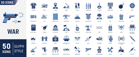 War flat icon set. Containing army, military, battle, conflict and more. Editable stroke. Vector illustration