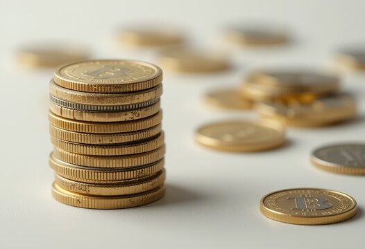 Close up of stacked digital currency coins with scattered bitcoins in background showing