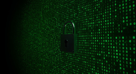 Padlock over green binary code background