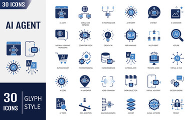 Artificial Intelligence Agent Flat Icons set. Containing chatbot, generator, AI operator, and more. Vector illustration