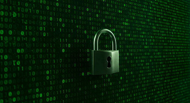 Padlock overlaid on green binary code background