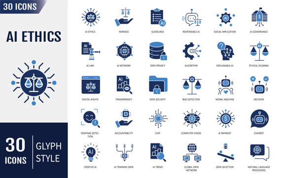 Ai ethics Icons set. Containing fairness, transparency, data privacy, and more. Vector illustration