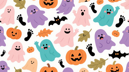Obraz premium A playful and whimsical Halloween-themed illustration featuring a seamless pattern of cute, ghostly characters. Halloween, Halloween Costumes, Halloween Background, Happy Halloween