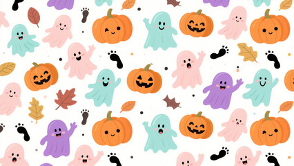 Fototapeta premium A playful and whimsical Halloween-themed illustration featuring a seamless pattern of cute, ghostly characters. Halloween, Halloween Costumes, Halloween Background, Happy Halloween