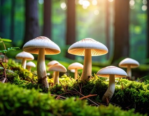 Closeup of White Mushrooms in a Dark Green Forest jpg