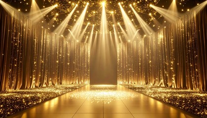 ゴールドに輝くステージとスポットライトが演出する華やかな空間