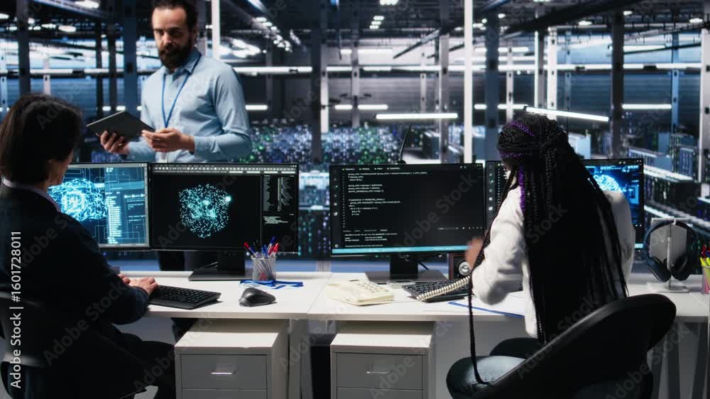 Poster data center admin receiving phone call, using ai assistant to provide user technical support. server
