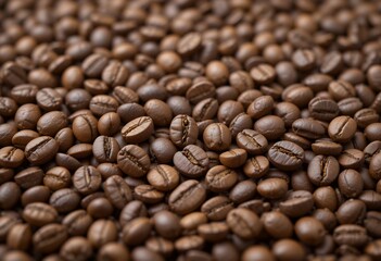 Close up detailed view of roasted coffee beans filling the entire frame showcasing texture and color