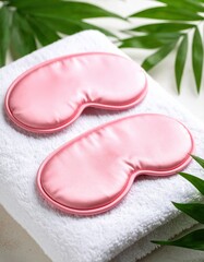 Pink Under Eye Masks on Soft Towel with Tropical Leaves jpg