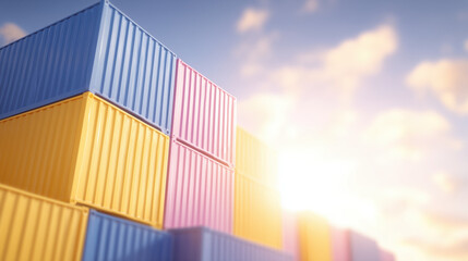 Colorful shipping containers stacked at cargo port with sunrise sky background symbolizing global trade logistics and supply chain operations.