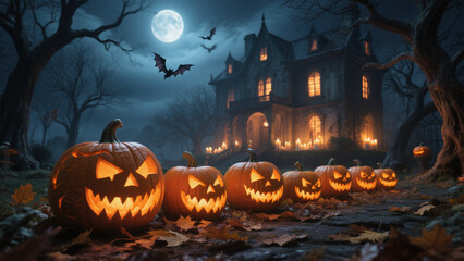 Fototapeta premium A row of intricately carved jack-o'-lanterns with mischievous grins sits in the foreground, their warm light casting eerie shadows on the ground covered in autumn leaves. Halloween