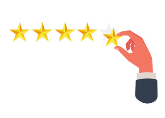 Hand putting five gold stars on white background. Stock illustration