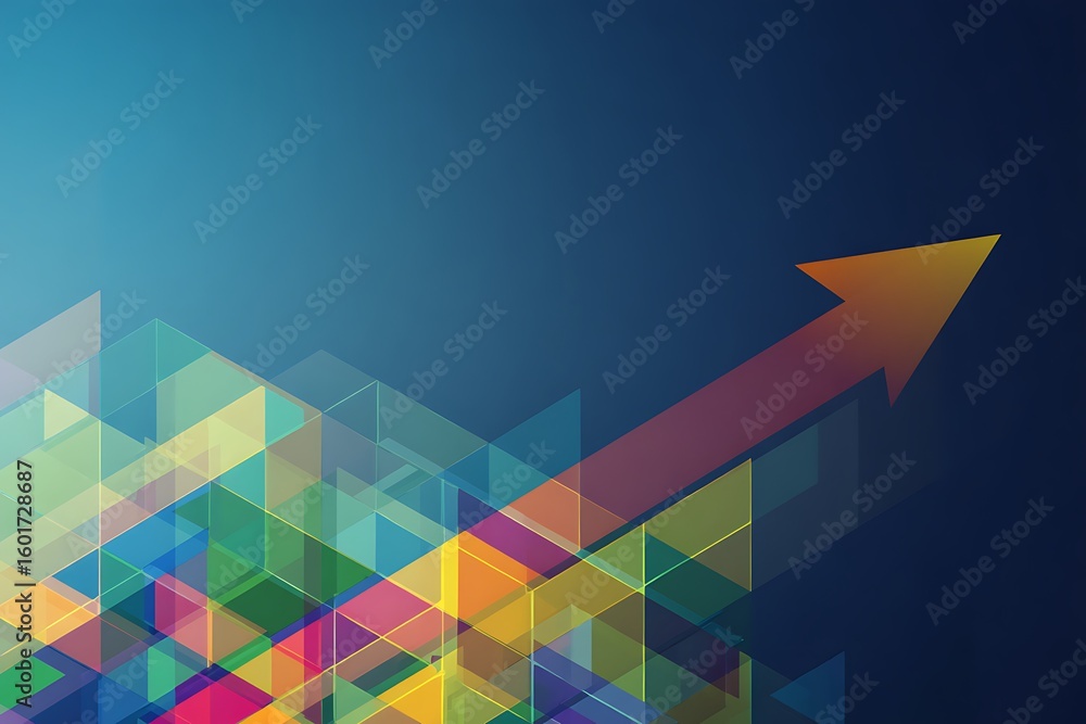 Poster abstract digital art background with colorful geometric shapes and an upward pointing arrow symboliz