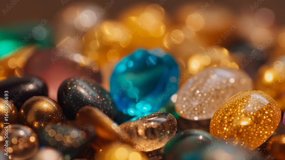 Poster shimmering colorful gemstones with sparkling light reflections, close-up texture detail of mineral r