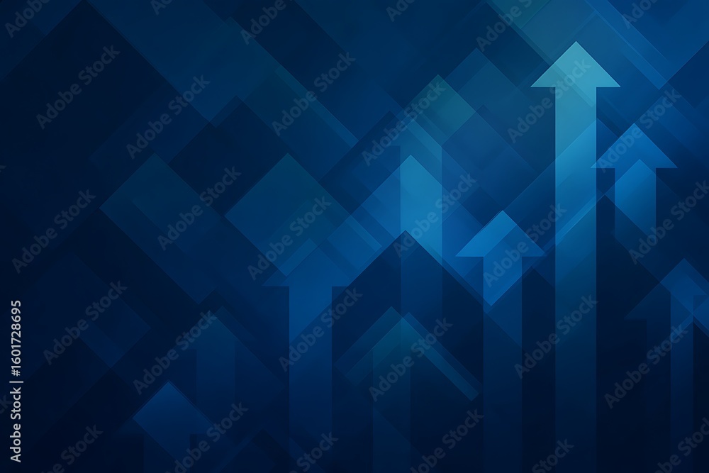 Poster visualizing exponential growth through upward trending arrows on a deep blue abstract geometric back