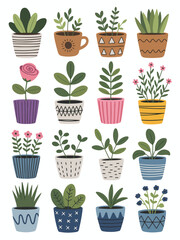 Obraz premium Collection of Hand-Drawn Potted Plants and Succulents