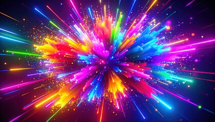 Fototapeta premium Vibrant explosion of colorful neon lights radiating outwards, creating a dynamic visual effect.