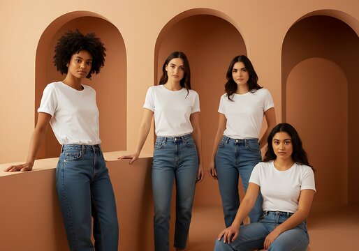 Diverse women showcasing casual fashion in arched studio setting; denim jeans and white tee shirts, conveying simple style.
