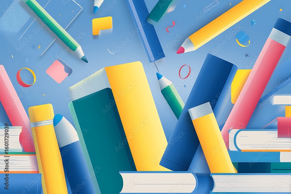 Poster vibrant educational concept with scattered school supplies and books creating a dynamic visual backg