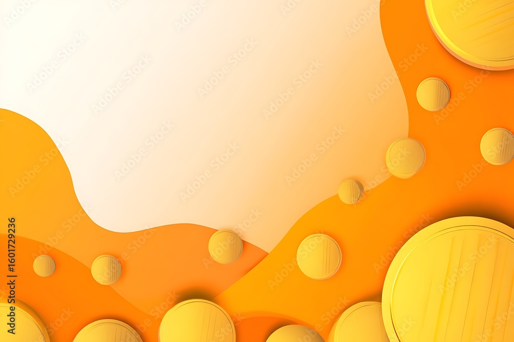 Poster vibrant abstract orange and yellow liquid waves with bubbles and circular shapes creating a dynamic 