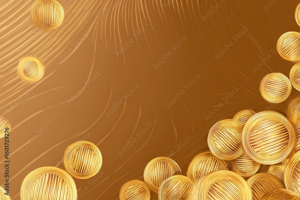 Poster golden spheres swirling on a rich brown background with delicate wavy lines and abstract light strea