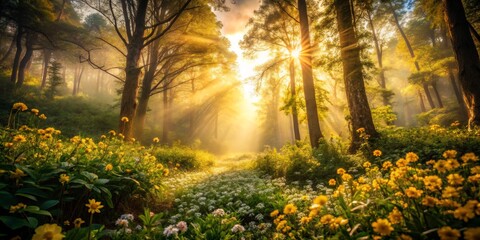Sunlit Forest Meadow with Wildflowers