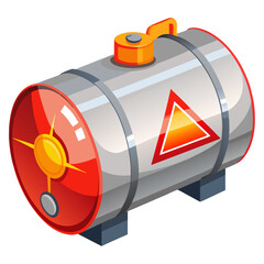 A grey cylindrical gas or liquid tank with red ends and an orange handle, indicating storage of fuel, chemicals, or pressurized materials, often found in industrial or agricultural settings.