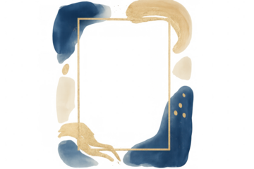 Gold frame decorated with blue and beige watercolor splashes on a transparent background, creating a stylish and artistic border