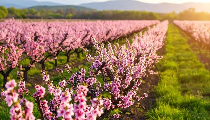 Obraz premium Rows of blossoming peach trees at sunset
