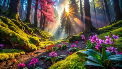 Enchanted Forest with Sunbeams and Flowers