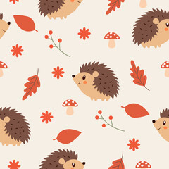 Seamless autumn pattern with cute cartoon hedgehogs mushrooms leaves and flowers in warm colors for fall season design.