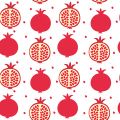 Seamless pattern of whole and sliced pomegranates and seeds in flat red design on white background.