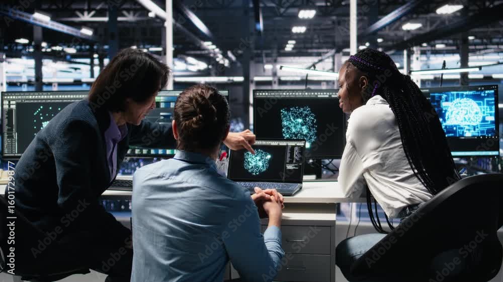 Fototapete server room computer scientists using ai to review infrastructure diagnostics. it specialists workin