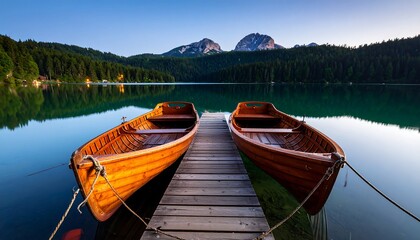 Obraz premium Wooden Boats Docked on Serene Lake with Mountain View