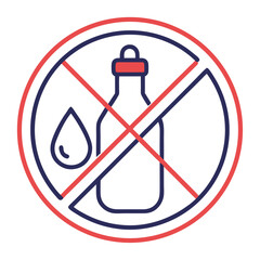 A crossed-out circle enclosing a bottle and a water drop, symbolizing "no liquids," "no beverages," or restrictions on drinks.