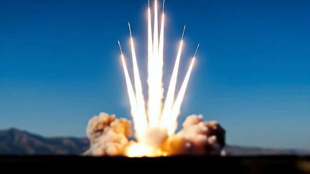 Rockets Launching into Blue Sky over Desert Landscape