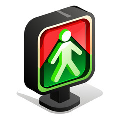 A 3D pedestrian traffic light showing a white walking figure on a split red and green background, indicating "walk".