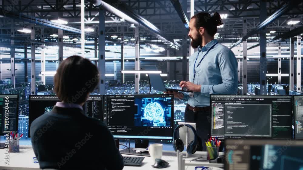 Fototapete manager supervising work of server room engineer using ai to review infrastructure diagnostics on de