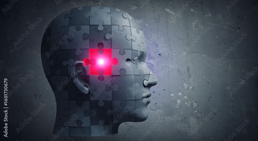 Poster abstract puzzle head with red piece representing intelligence on a textured grey background highligh
