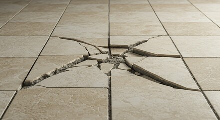 Cracked floor tiles damaged home repair renovation construction problem broken surface ceramic grout flooring