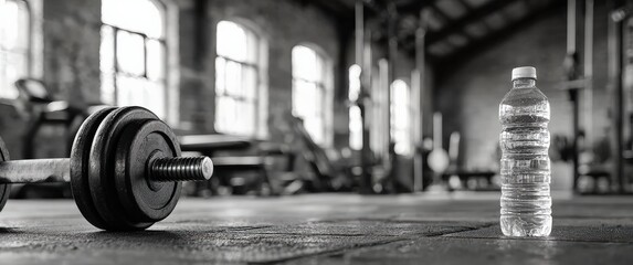 Black and white image featuring a dumbbell and a water bottle resting on the gym floor, capturing a serene and focused workout environment