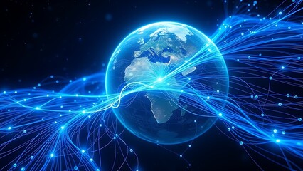 Fototapeta premium Earth's magnetic field visualized as glowing blue threads weaving through oxygen molecules.