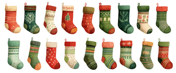 Christmas stocking set. Watercolor red and green hanging gift socks. Holiday winter decoration for fireplace vector illustration