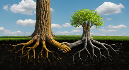 Blocky Pixelated Trees with Intertwined Roots Forming Handshake Under Blue Sky