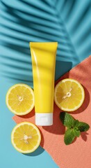 Realistic cosmetic product mockup with a yellow tube on a vibrant summer background, tropical scene with lemon slices, mint leaves, coral sponges, and palm leaf shadow, minimal clean composition for s
