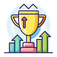 A golden trophy surrounded by upward-trending bar graphs and arrows, symbolizing achievement, success, business growth, and top performance.