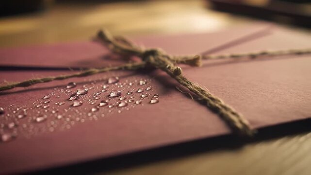 Close-up view of an invitation card or envelope wrapped with rustic twine, adorned with water