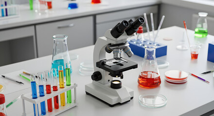 Laboratory setup with microscope, test tubes, and flasks