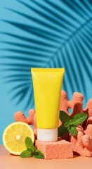 Realistic cosmetic product mockup with a yellow tube on a vibrant summer background, tropical scene with lemon slices, mint leaves, coral sponges, and palm leaf shadow, minimal clean composition for s