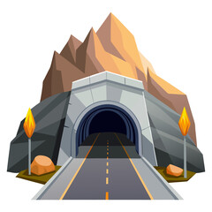 A road leading into a dark tunnel carved through a mountain, symbolizing transportation, passage, challenges, and hidden paths